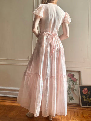 1930s Pink Sheer Cotton Dainty Floral Dress Tiered Puff Sleeve Bow Tie Back