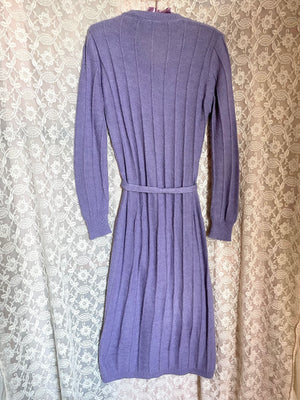1970s Lavender Knit Sweater Dress Embroidered Floral Butterfly