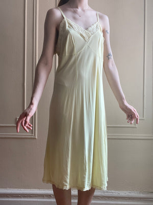 1940s Yellow Rayon Jersey Slip Dress Embroidered Trim