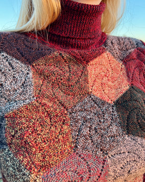 1990s does 1970s Kenzo Maroon Wool Space Dye and Intricate Swirl Pattern Multicolor Turtleneck Knit Sweater