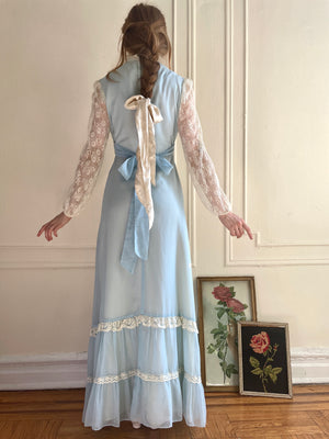 1970s Light Blue Cotton Gauze White Lace Tiered Prairie Maxi Dress