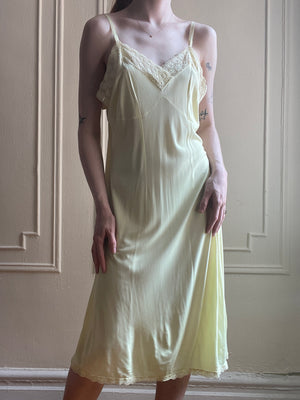 1940s Yellow Rayon Jersey Slip Dress Embroidered Trim