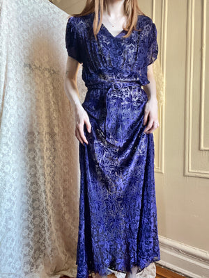 1930s Deep Purple Devore Silk Velvet Gown Bias Cut Sheer Dress