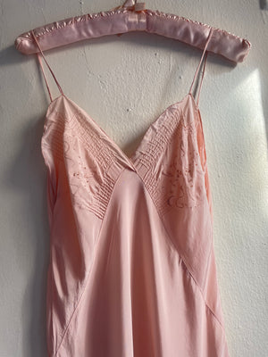 1940s Blush Pink Rayon Bias Cut Midi Slip Dress Antique Handsewn Floral Details