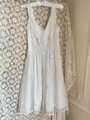 1960s White Nylon Floral Applique Lace Slip Dress Pink Blue