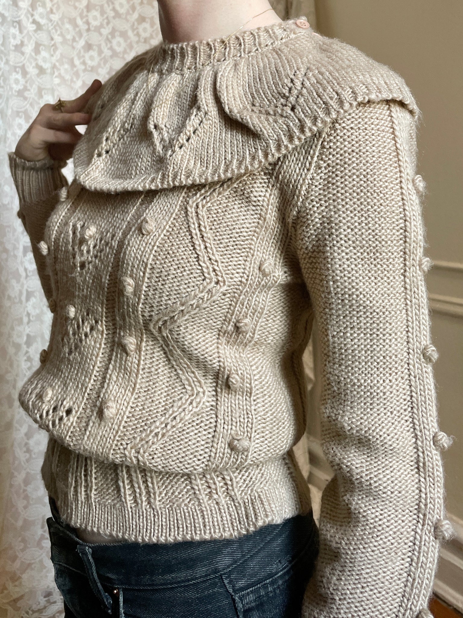 1980s Coffee Brown Bauble Knit Sweater Scoop Collar