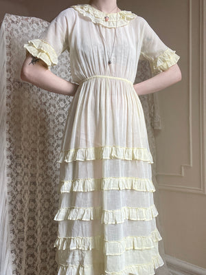 1930s Pale Yellow Cotton Sheer Ruffle Dress