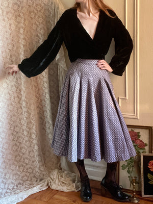 1950s Flocked Light Purple Lilac Black Circle Skirt Geometric Pattern