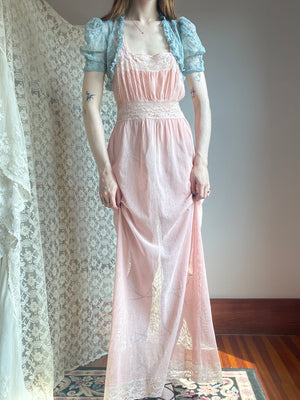 1930s Pale Pink Fishnet Net Bias Cut Midi Slip Dress Lace Appliqué