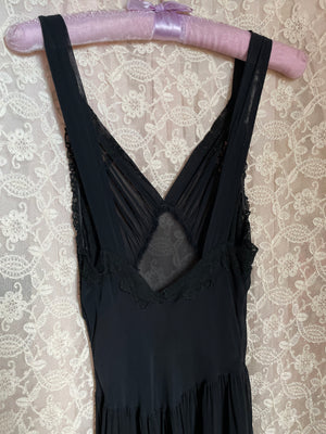 1940s Black Lace Sheer Rayon Bias Cut Full Slip Dress Low Back Handsewn Details