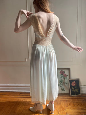 1930s Pale Blue Sheer Silk Chiffon Cream Lace Low Back Dress