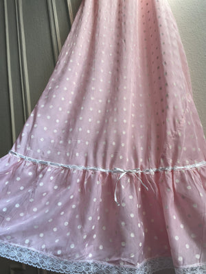 Deadstock 1960s Pink White Dotted Rayon Bias Cut Midi Slip Dress Sheer Print Ribbon Ruffle Hem