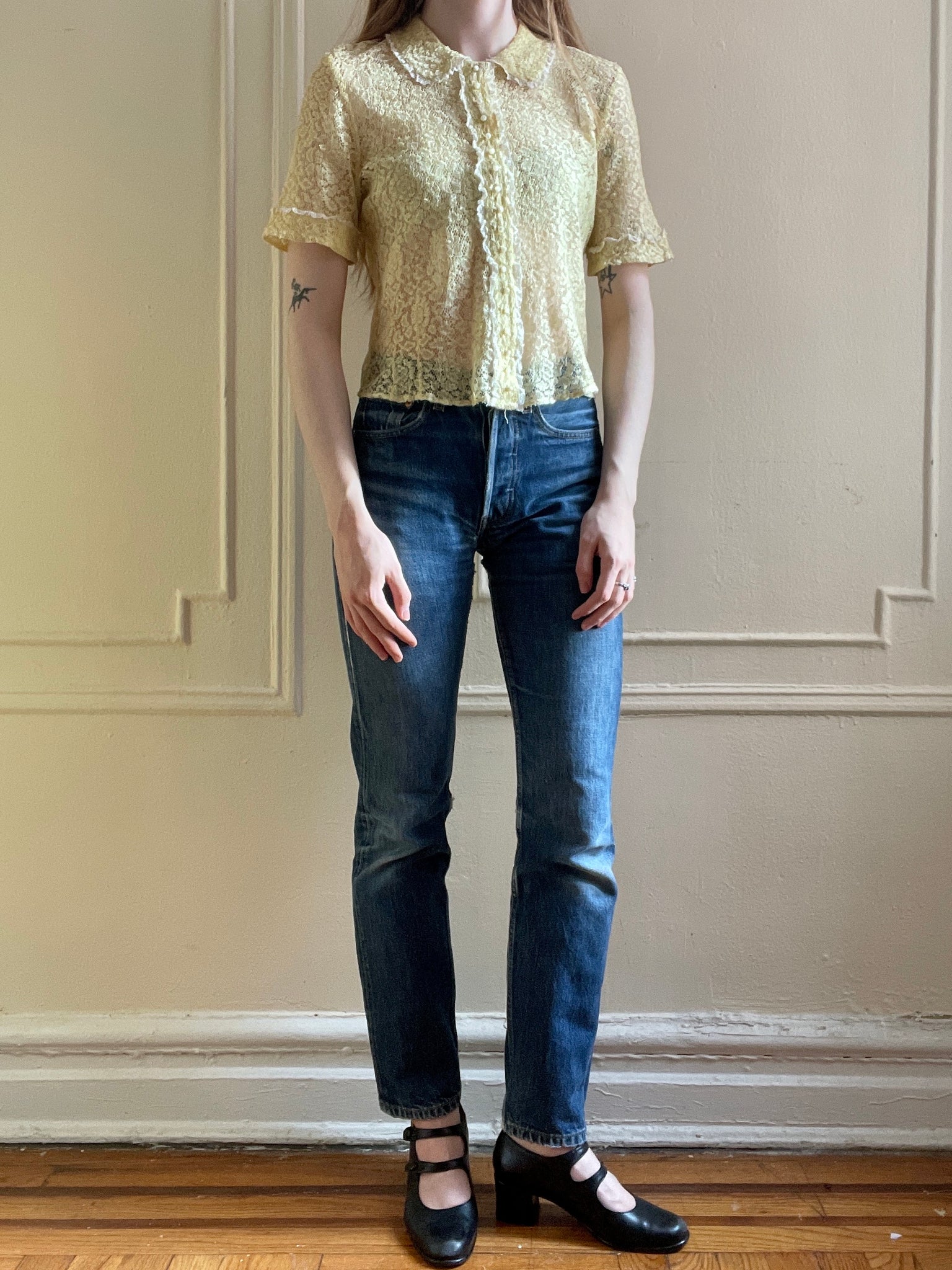 1940s Pale Yellow Lace Blouse Collar Sheer