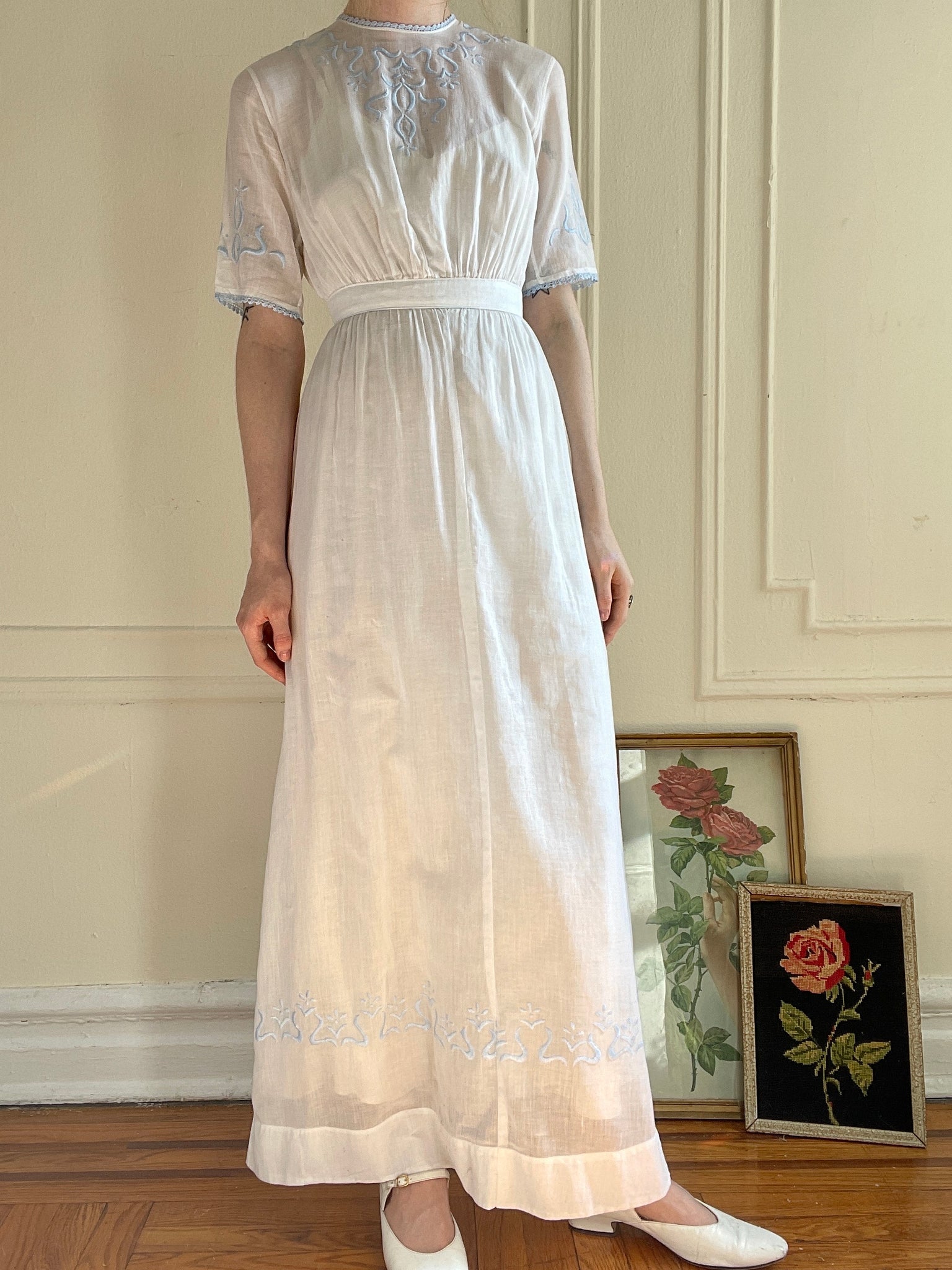1910s Blue Embroidered Short Sleeve White Cotton Wedding Bridal Dress Breath Of the Earth 1910s Blue Embroidered Short Sleeve White Cotton Wedding Bridal Dress Breath Of the Earth