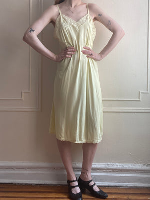 1940s Yellow Rayon Jersey Slip Dress Embroidered Trim