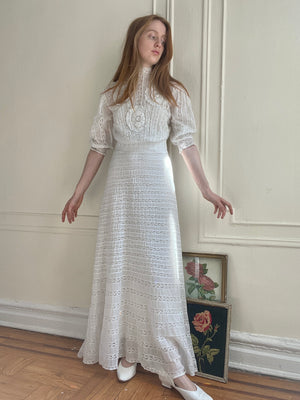 Edwardian 1900s White Cotton Lawn Dress Insert Lace Floral Long Sleeve Wedding Bridal Dress