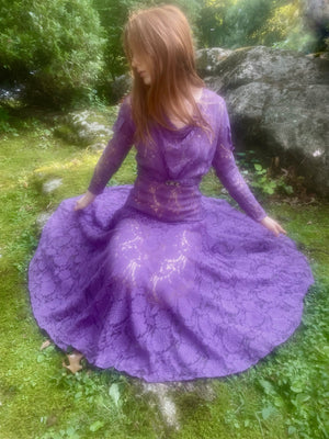 1930s Purple Floral Lace Dress Gown Crystal Belt