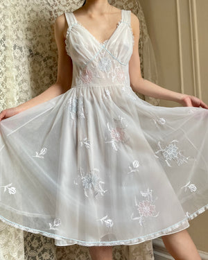 1960s White Nylon Floral Applique Lace Slip Dress Pink Blue