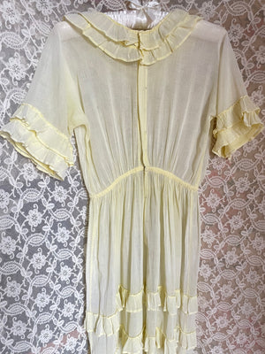 1930s Pale Yellow Cotton Sheer Ruffle Dress