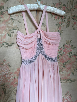 1940s Pale Blush Pink Rayon Chiffon Dress Gown Soutache Crystals