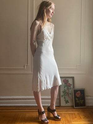 1930s White Cream Silk Bias Cut Floral Applique Slip Dress