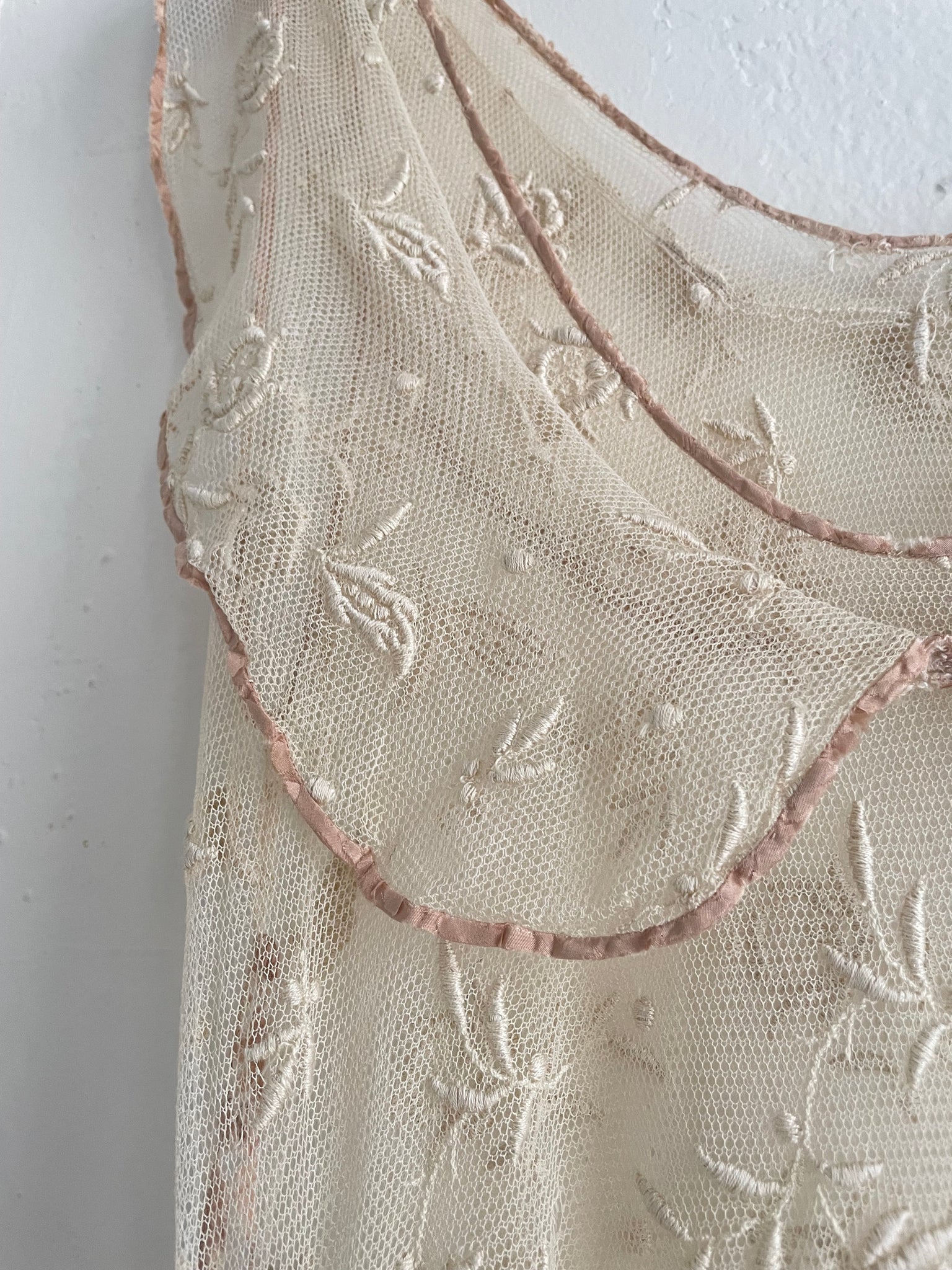 1930s Cream Tambour Lace Embroidered Net Gown Tiered Dress