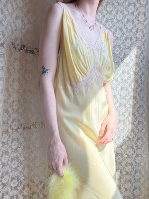 1940s Lace Yellow Bias Cut Rayon Slip Dress