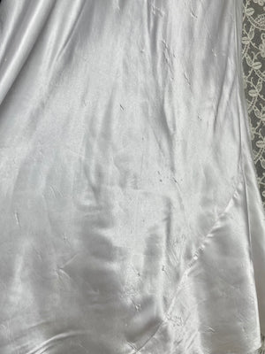 1940s Silver Satin Sharktooth Cap Sleeve Bias Cut Slip Dress Tie Back Lace