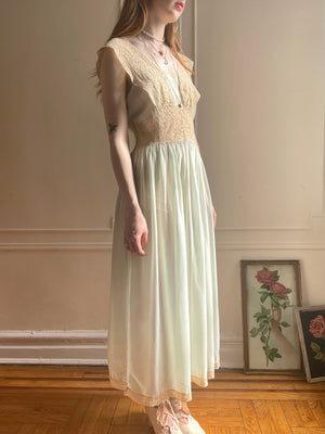 1930s Pale Blue Sheer Silk Chiffon Cream Lace Low Back Dress