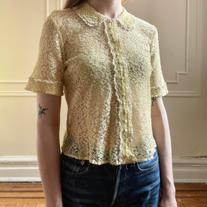 1940s Pale Yellow Lace Blouse Collar Sheer