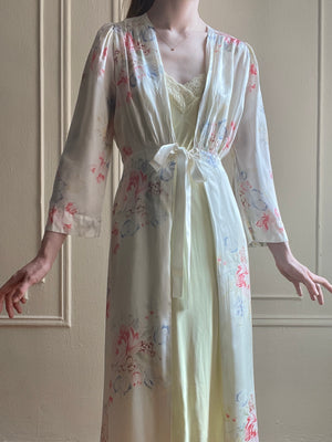 1940s White Floral Rayon Satin Robe Ribbon Tie