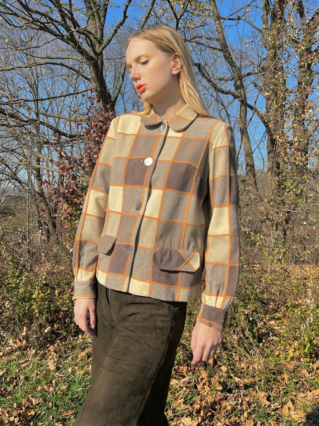 1940s/1950s Pendleton Wool Orange and Brown Plaid Cropped Coat with Pintuck Details and Peter Pan Collar