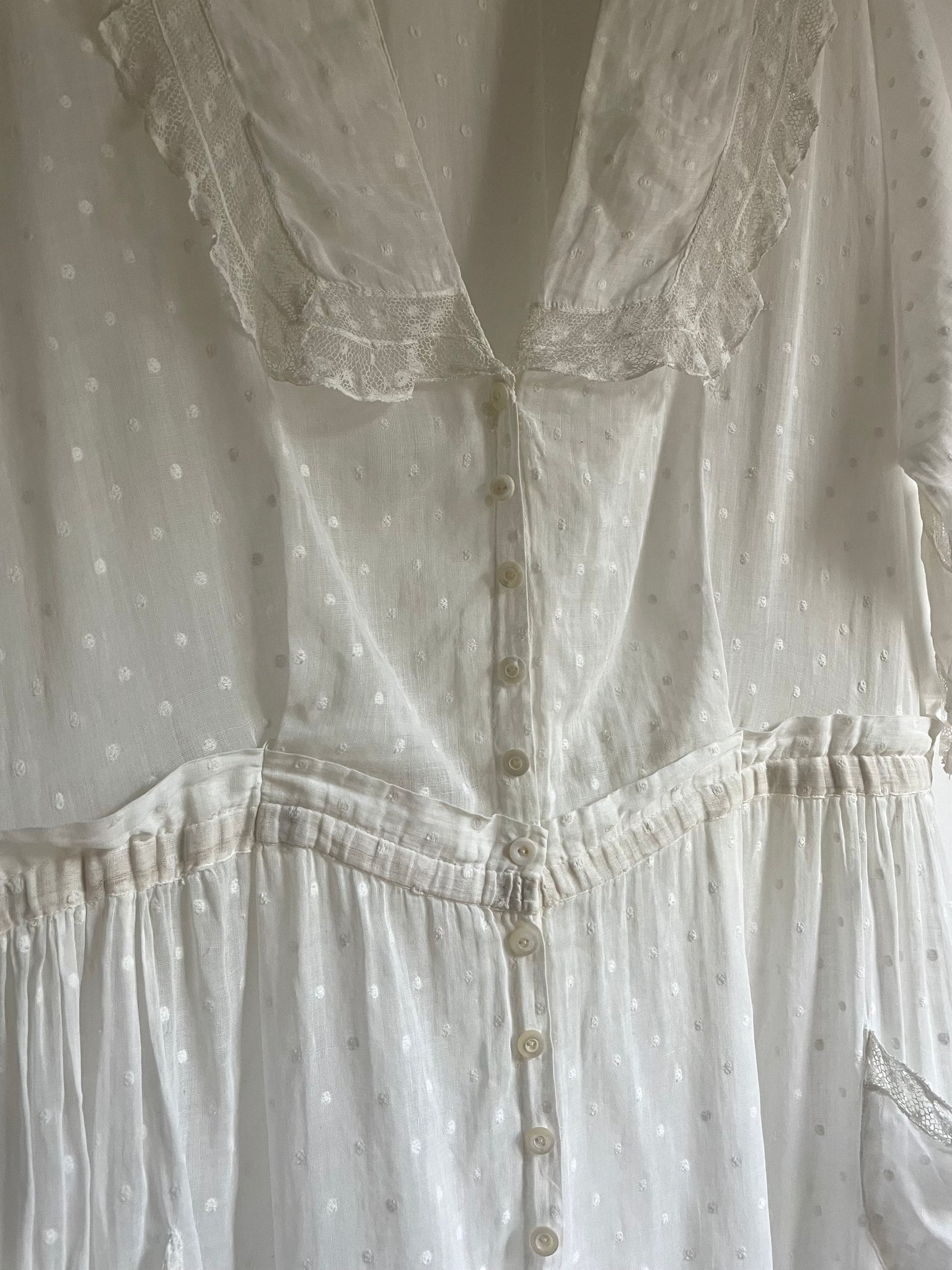 1930s Swiss Dot White Sheer Cotton Day Dress Lace