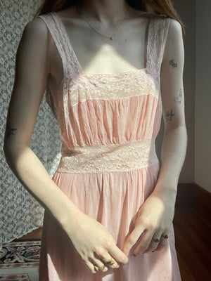 1930s Pale Pink Fishnet Net Bias Cut Midi Slip Dress Lace Appliqué