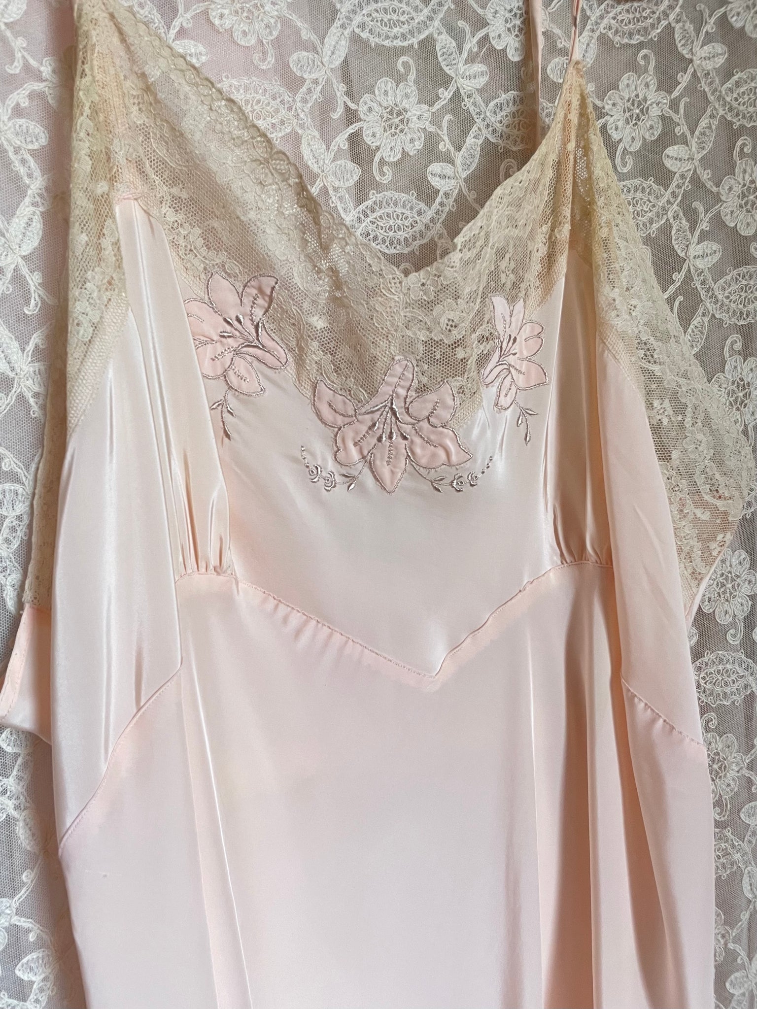 1950s Pale Blush Pink Rayon Slip Dress Lace Floral Embroidery