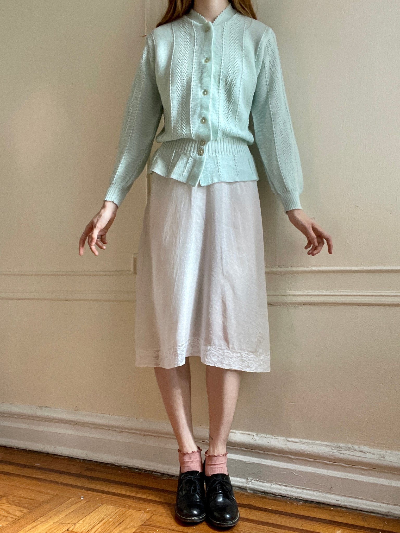 1980s Light Blue Knit Cardigan Balloon Sleeves Button Up