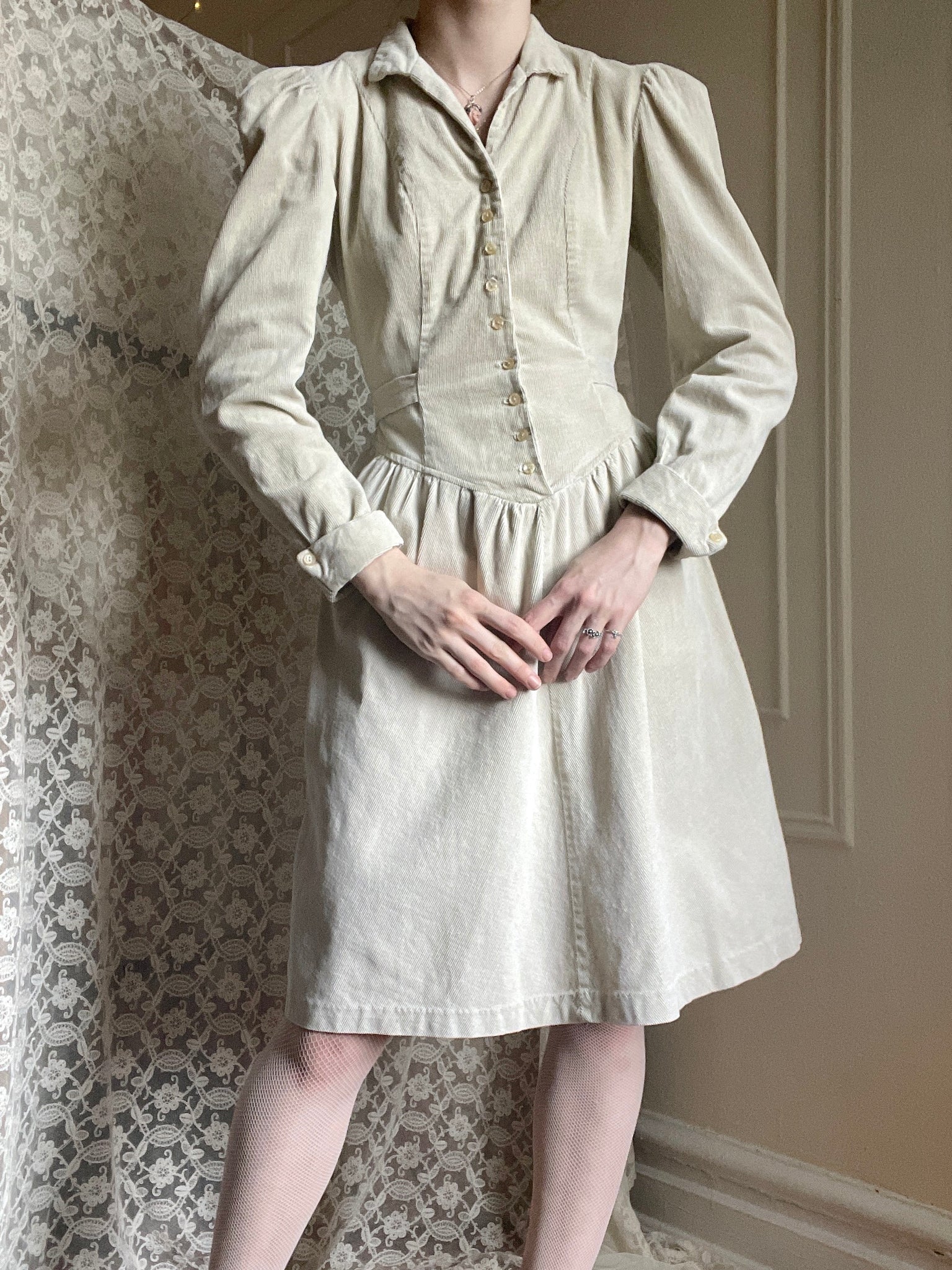 1970s Cream Corduroy Button Up Mini Dress