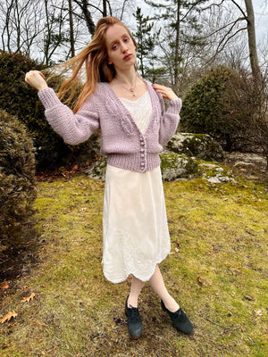 1980s Lavender Cardigan Knit Sweater Balloon Sleeves Button Up