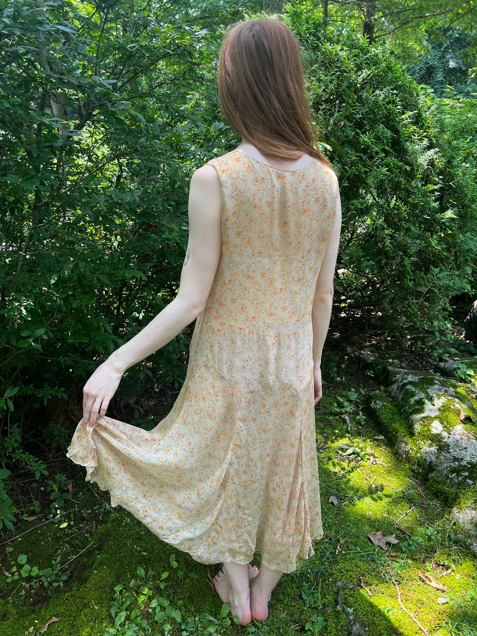 1930s Silk Chiffon Floral Yellow Day Dress