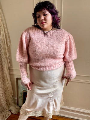 1980s Light Pink Italian Kit Sweater Mutton Puff Sleeves