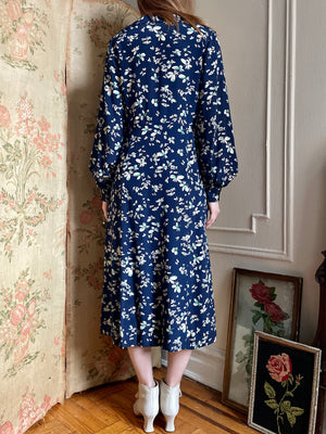 1940s Navy Blue Silk Cream Green Floral Balloon Sleeve Dress