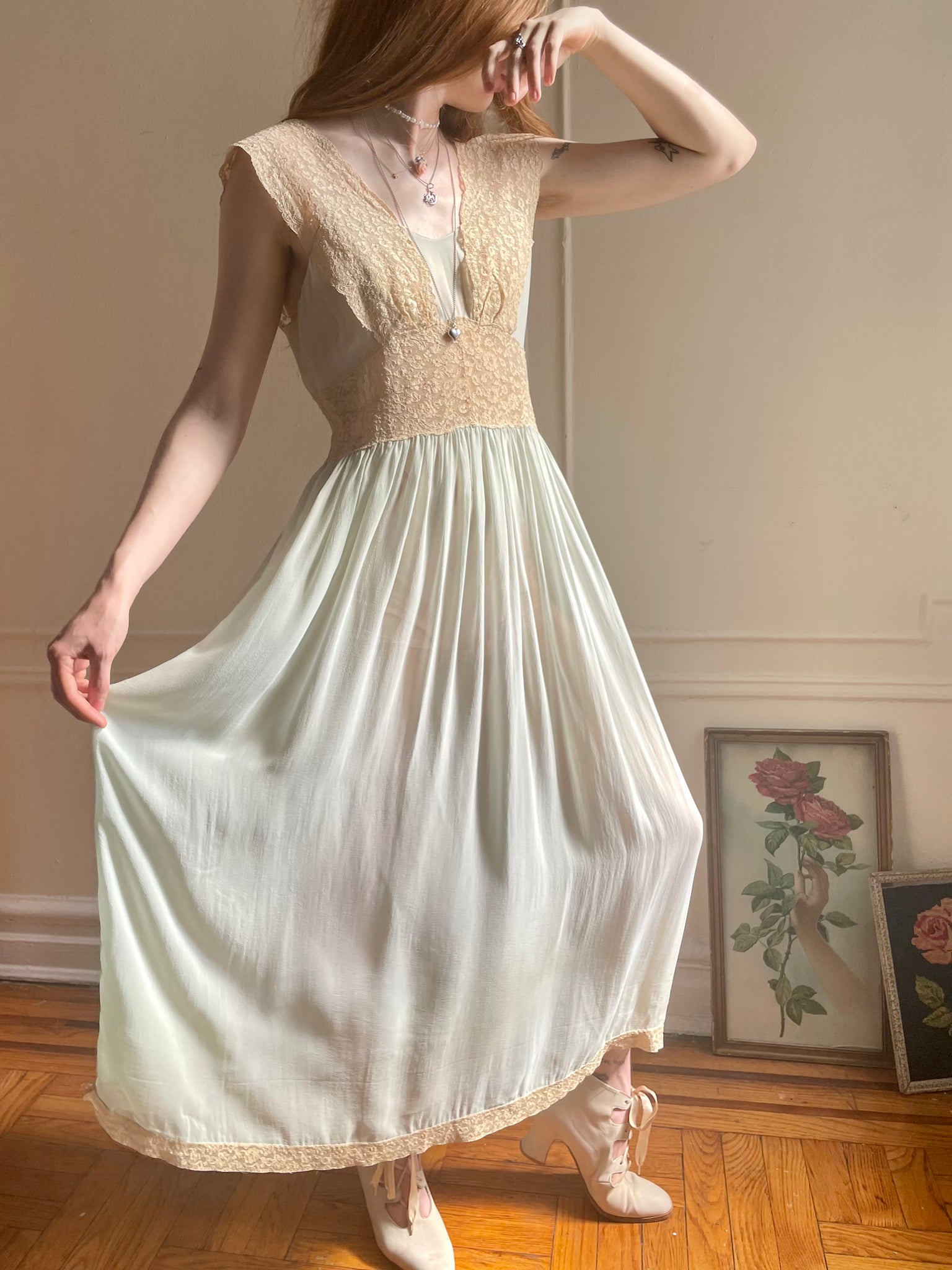 1930s Pale Blue Sheer Silk Chiffon Cream Lace Low Back Dress