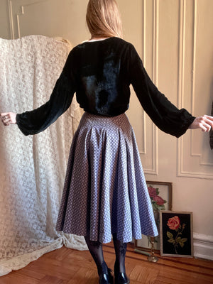 1950s Flocked Light Purple Lilac Black Circle Skirt Geometric Pattern