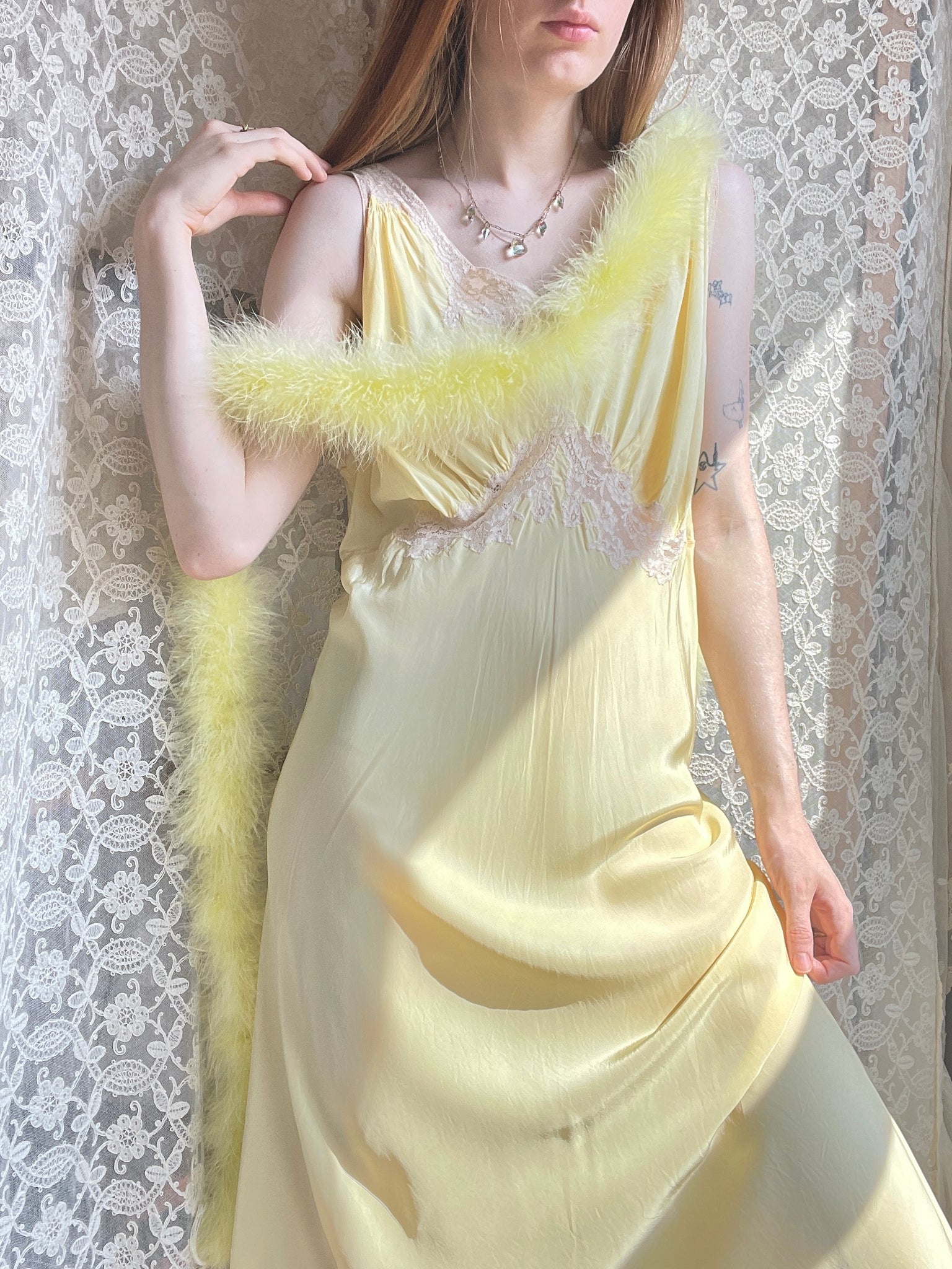 1940s Lace Yellow Bias Cut Slip
