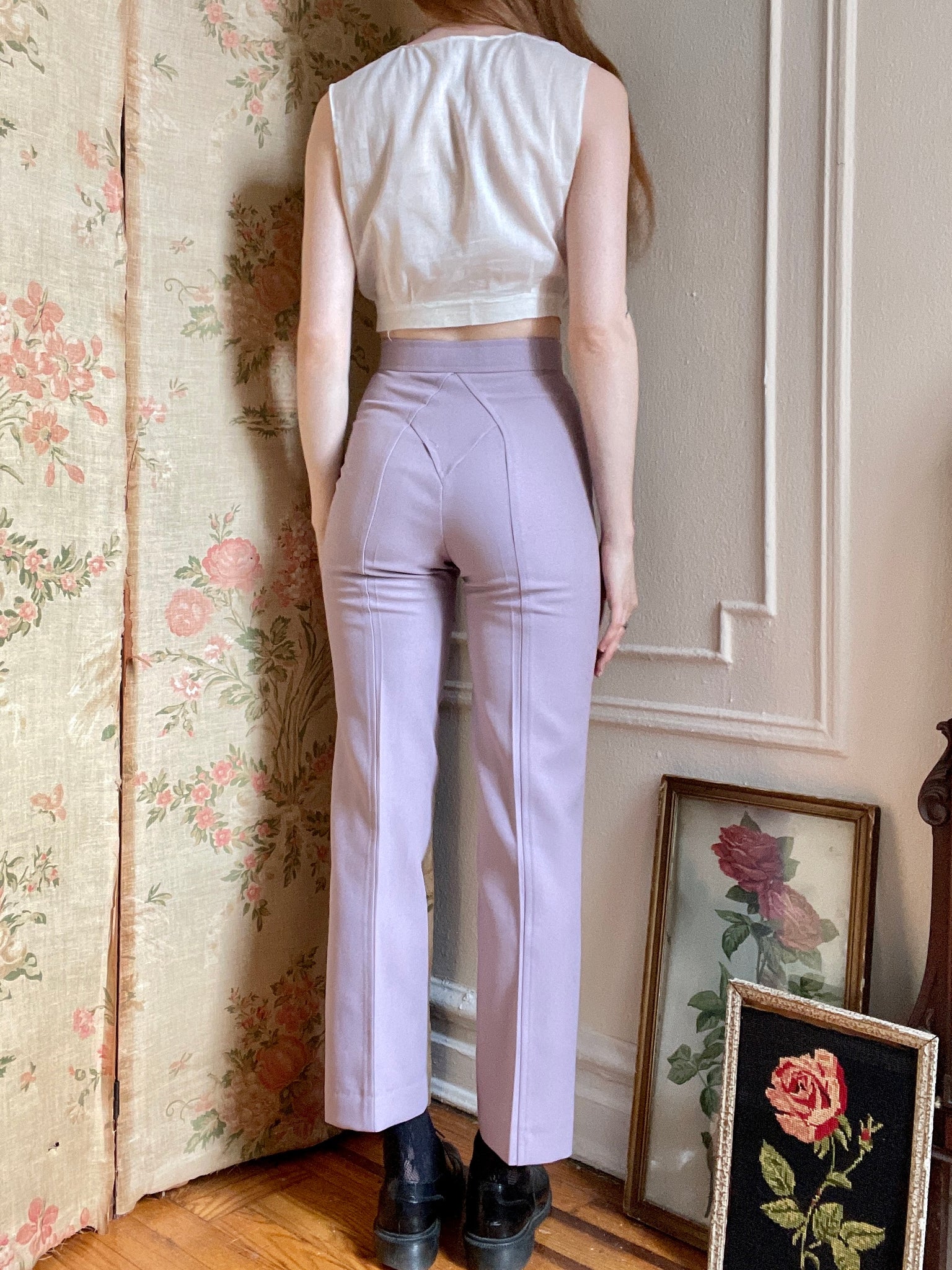 1970s Lilac Purple Straight Leg Pants Art Deco Stitching