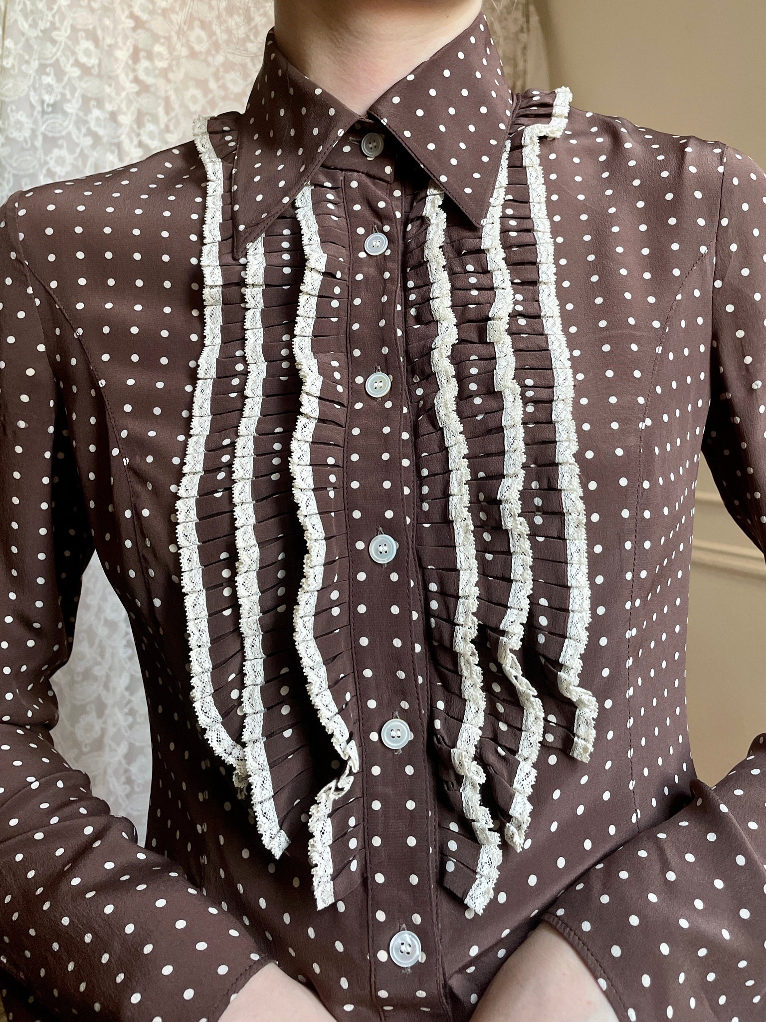 1990s Valentino Silk Brown White Dotted Blouse Bell Sleeves Ruffle Lace Jabot Button up