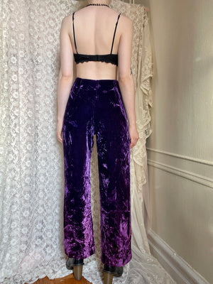 1970s Ombré Purple Pink Crushed Velvet Bell Bottom Wide Leg Pants