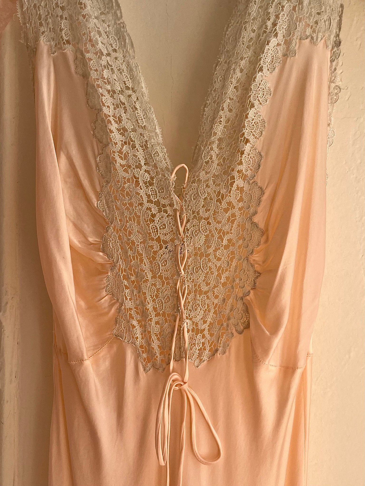 1940s Lace Up Crochet Pink Satin Bias Cut Slip Dress