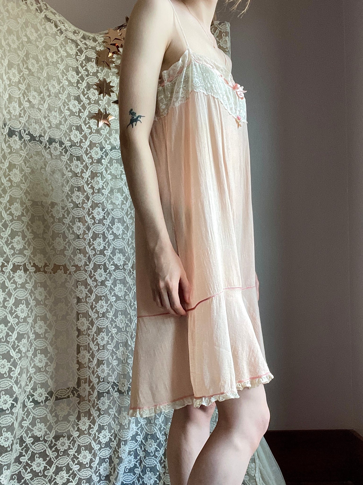 1930s Pink Teddy Mini Step In Slip Dress Floral White Lace Original Brocade Ribbon