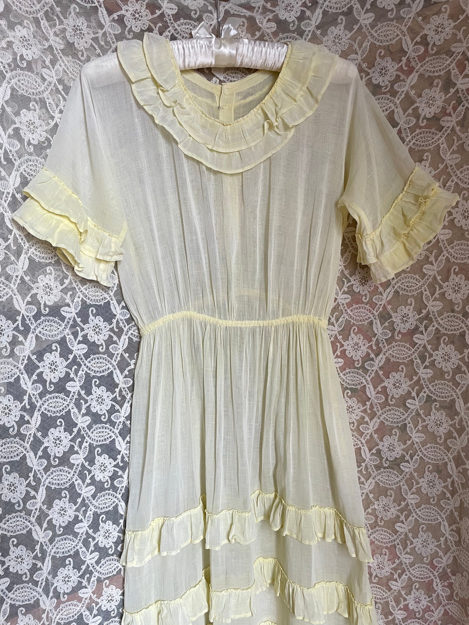 1930s Pale Yellow Cotton Sheer Ruffle Dress